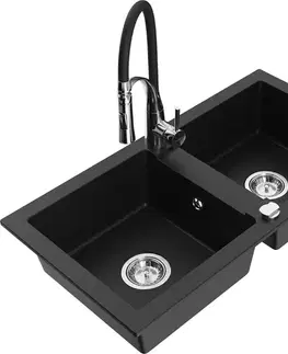 Kuchynské drezy MEXEN/S MEXEN/S - Mario granitový drez 2-bowl vrátane batérie Aster, čierna 6504-77-73450-07