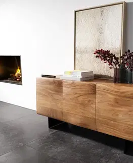 Komody DELIFE Komoda New Live-Edge 145 cm akácia prírodná 3 dvierka podstava závesná kov čierna