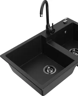 Kuchynské drezy MEXEN/S MEXEN/S - Tomas granitový drez 2-bowl vrátane batérie Telma, čierna 6516-77-670200-70-B