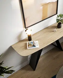 Konzolové stolíky DELIFE Konzolový stolík Edge zaoblený 140×40 cm keramika Laminam® Sabbia dubová farba Velio kov čierna