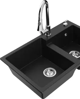 Kuchynské drezy MEXEN/S MEXEN/S - Tomas granitový drez 2-bowl vrátane batérie Elia, čierna 6516-77-670101-00