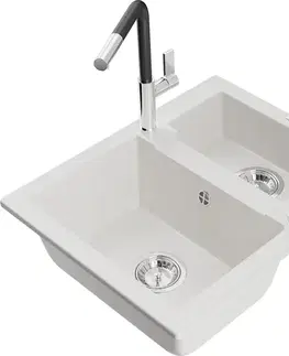 Kuchynské drezy MEXEN/S MEXEN/S - Carlos granitový drez 1.5 vrátane batérie Flora, biela 6518-20-670401-07