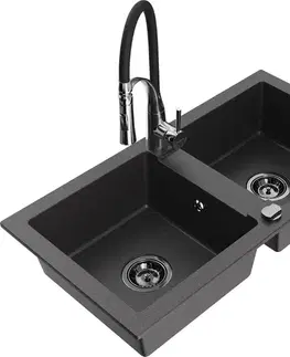 Kuchynské drezy MEXEN/S MEXEN/S - Mario granitový drez 2-bowl vrátane batérie Aster, čierna kropenatá 6504-76-73450-07-B