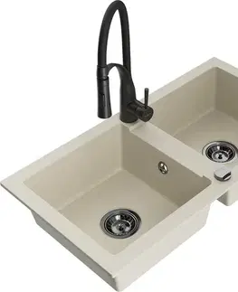 Kuchynské drezy MEXEN/S MEXEN/S - Mario granitový drez 2-bowl vrátane batérie Aster, bážová 6504-69-73450-70-B