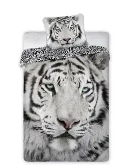 Obliečky Obliečky bavlnené Deluxe 3D 200x140cm+90x70cm Tiger biely Faro Tiahome