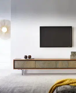 Televízne stolíky DELIFE TV stolík Juwelo 220 cm akácia prírodná s kamennou dyhou 4 dvierka