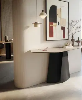 Konzolové stolíky DELIFE Konzolový stolík Edge polygonálny 140×50 cm keramika Laminam® Travertino Bianco krémovo biela Livos kov čierna