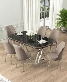 Jedálenské sety Dining Table & Chairs Set (7 Pieces) Lai - Black Marble, Chrome, Cappuccino