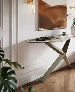 Konzolové stolíky DELIFE Konzolový stolík Edge polygonálny 140×50 cm keramika patagonia leštená Zentharo kov titánová farba