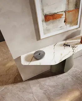 Konzolové stolíky DELIFE Konzolový stolík Edge polygonálny 180×50 cm keramika Calacatta Luxe bielo-zlato-šedá Livos kov titánová farba
