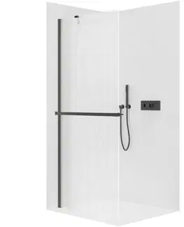 Držadlá k vani CERANO - Sprchová zástěna Walk-in Onyx Y L/P - 8 mm + polička/držák na ručníky - černá matná, rýhované sklo - 80x200  CER-8050BD1222