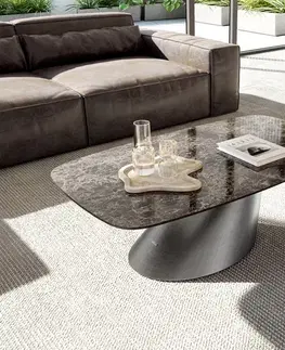 Konferenčné stolíky DELIFE Konferenčný stolík Edge zaoblený 120x70 cm keramika Laminam® Emperador Extra Lucidato tmavohnedá Conis metalická strieborná