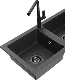 Kuchynské drezy MEXEN/S MEXEN/S - Mario granitový drez 2-bowl vrátane batérie Flora, čierna kropenatá 6504-76-670401-70-B