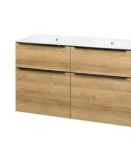 Kúpeľňový nábytok Mereo Mailo, kúpeľňová skrinka s keramickým umývadlom 121 cm, dub Riviera, čierne madlo CN523B