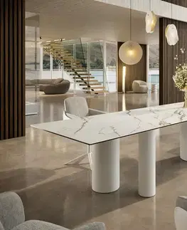 Jedálenské stoly DELIFE Jedálenský stôl Edge 300x100 keramika Calacatta Luxe bielo-zlato-šedá Troa kov biela
