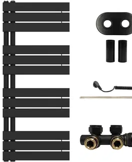 Doplnky do kúpeľne CERANO - Koupelnový radiátorový set Theo - kombinované vytápění, termo tyč - asymetrické připojení 50 mm - 300W - černá matná - 1200x500 mm CER-956562