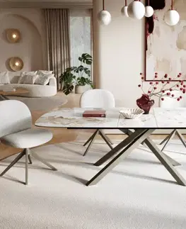 Jedálenské stoly DELIFE Jedálenský stôl Edge zaoblený tvar 180-220×100 cm keramika Minas Melange bielo-béžová krížová podstava hranatý titanová farba rozkladací