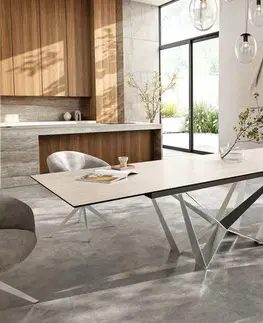 Jedálenské stoly DELIFE Jedálenský stôl Edge 200-300x100 keramika Laminam® Travertino Bianco krémovo biela Spider plochá oceľ nerezová oceľ rozkladací