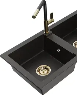 Kuchynské drezy MEXEN/S MEXEN/S - Mario granitový drez 2-bowl vrátane batérie Flora, čierna/zlatá metalik 6504-75-670401-57-G