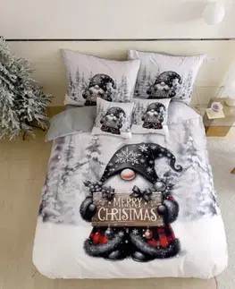 Obliečky 3 dielne Vianočné Flanelové obliečky 3D polycotton Sivý Trpaslík 200x140cm+90x70cm TiaHome