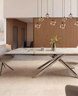 Jedálenské stoly DELIFE Jedálenský stôl Edge 300x100 keramika Calacatta Luxe bielo-zlato-šedá krížová podstava hranatý nerezová oceľ