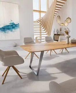 Jedálenské stoly DELIFE Jedálenský stôl Edge zaoblený tvar 300x120x2,5-3 dub prírodný nerezová oceľ skosený švajčiarska hrana