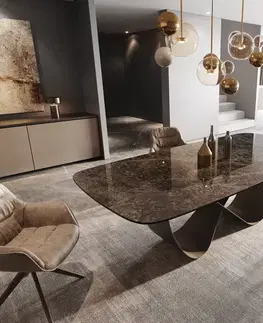 Jedálenské stoly DELIFE Jedálenský stôl Edge Boot 240x120 keramika Laminam® Emperador Extra Lucidato tmavohnedá Infinity kov efektový povrch titánová