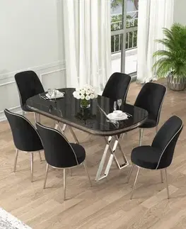 Jedálenské sety Dining Table & Chairs Set (7 Pieces) Lai - Black Marble, Chrome, Black