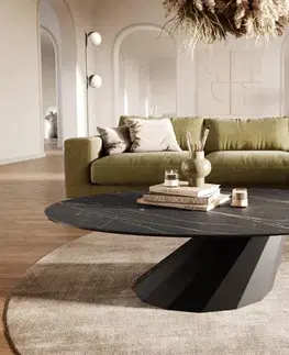 Konferenčné stolíky DELIFE Konferenčný stolík Edge oválny 140x80 cm keramika Laminam® Noir Desir hnedá Parabi kov čierna