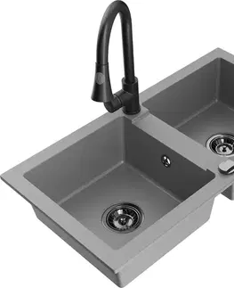 Kuchynské drezy MEXEN/S MEXEN/S - Mario granitový drez 2-bowl vrátane batérie Elia, šedá 6504-71-670101-70-B