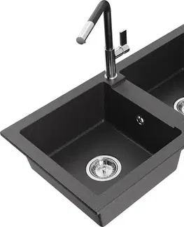 Kuchynské drezy MEXEN/S MEXEN/S - Mario granitový drez 2-bowl vrátane batérie Flora, čierna kropenatá 6504-76-670401-07
