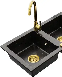 Kuchynské drezy MEXEN/S MEXEN/S - Mario granitový drez 2-bowl vrátane batérie Telma, čierna/zlatý 6504-75-670200-50