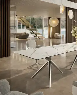 Jedálenské stoly DELIFE Jedálenský stôl Edge 300x100 keramika Calacatta Luxe bielo-zlato-šedá Estelar okrúhly nerezová oceľ