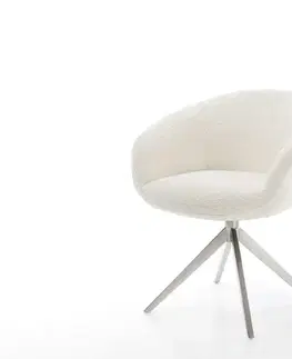 Jedálenské stoličky DELIFE Otočná jedálenská stolička Vinka-Flex s opierkami bouclé biela krížová podstava široká nerezová oceľ 360° otočná hojdacia funkcia vrecková pružina