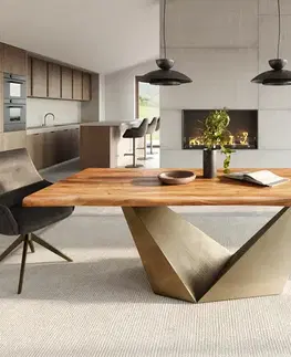 Jedálenské stoly DELIFE Jedálenský stôl Edge 240x100 akácia prírodná Prisma metalická zlatá Live-Edge
