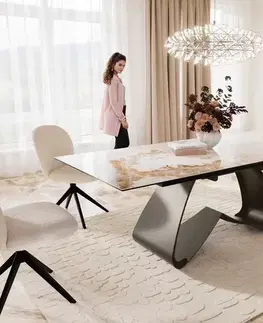 Jedálenské stoly DELIFE Jedálenský stôl Edge 180-220x100 keramika Minas melange bielo-béžová podstava v tvare W titanová farba rozkladací