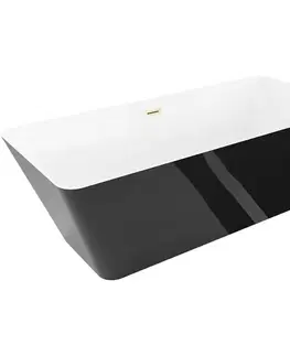 Vane MEXEN/S - Velo Slim voľne stojaca vaňa 170 x 75, biela/čierna, sifón a prepad zlatá kartáčovaná 52811707575-55