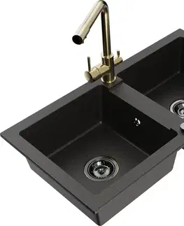 Kuchynské drezy MEXEN/S MEXEN/S - Mario granitový drez 2-bowl vrátane batérie Duero, čierna/zlatá metalik 6504-75-671600-50-B