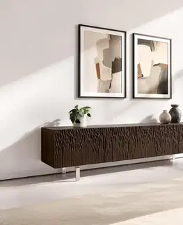 Televízne stolíky DELIFE TV stolík Follia 200 cm mango hnedá 4 dvierka podstava v tvare L nerezová oceľ kefovaná