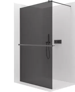 Držadlá k vani CERANO - Sprchová zástěna Walk-in Onyx Round L/P - 10 mm + polička/držák na ručníky - kulatá vzpěra - černá matná, grafitové sklo - 160x200  CER-9040B1131