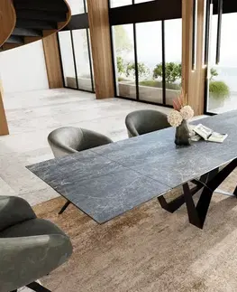 Jedálenské stoly DELIFE Jedálenský stôl Edge 200-300x100 keramika Laminam®Nero Greco antracitová pavúk plochá oceľ čierna rozkladací