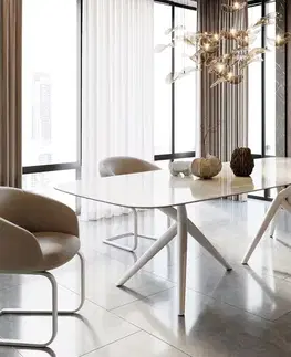 Jedálenské stoly DELIFE Jedálenský stôl Edge zaoblený tvar 270x120 keramika Iris FMG Onice Grigio Estelar okrúhly kov biela