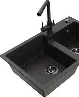 Kuchynské drezy MEXEN/S MEXEN/S - Tomas granitový drez 2-bowl vrátane batérie Duero, čierna/zlatá metalik 6516-75-671600-70-B