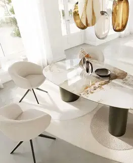 Jedálenské stoly DELIFE Jedálenský stôl Edge oválny 220x120 keramika Minas melange bielo-béžová Troa kov efektová titánová farba
