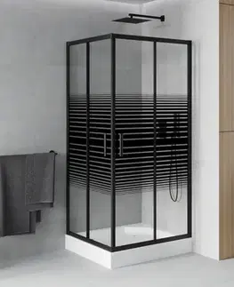 Vane MEXEN/S - Rio sprchovací kút štvorec 90 x 90, pruhy, čierny + vanička Rio vrátane výpuste 860-090-090-70-20-4510