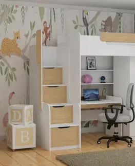 Postele ArtBed Multifunkčná vyvýšená posteľ so skriňou a stolíkom DORIAN I Farba: Biela / eukalyptus