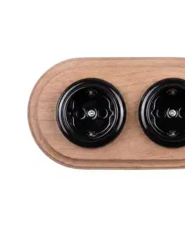 Predlžovacie káble Elhard - Dvojitá keramická retro domová zásuvka s rámom SCHUKO 230V čierna/drevo EF0096+2xEF0105
