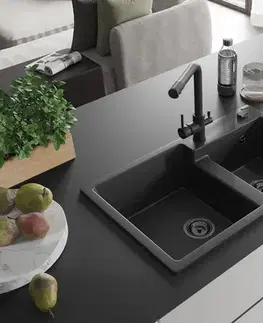 Kuchynské drezy MEXEN/S MEXEN/S - Tomas granitový drez 2-bowl vrátane batérie Duero, čierna/srebrny metalik 6516-73-671600-70-B