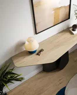Konzolové stolíky DELIFE Konzolový stolík Edge polygonálny 180×50 cm keramika Laminam® Sabbia dubová farba Livos kov čierna