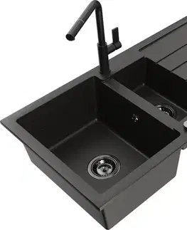 Kuchynské drezy MEXEN/S MEXEN/S - Andres granitový drez s odkvapkávačom vrátane batérie Flora, čierna/zlatá 6515-75-670401-70-B